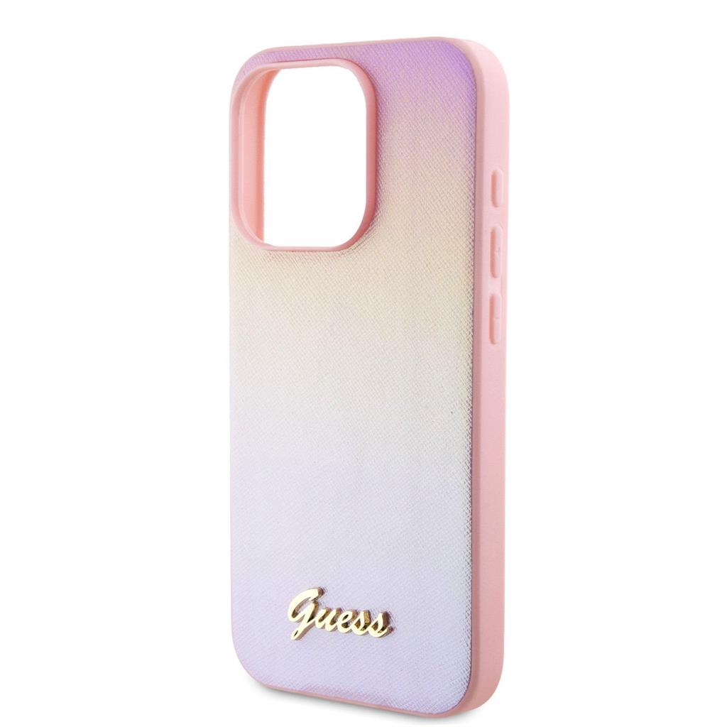 Apple iPhone 15 Pro Max Guess PU Leather Iridescent Metal Script tok (Rózsaszín) - GUHCP15XPSAIRSP