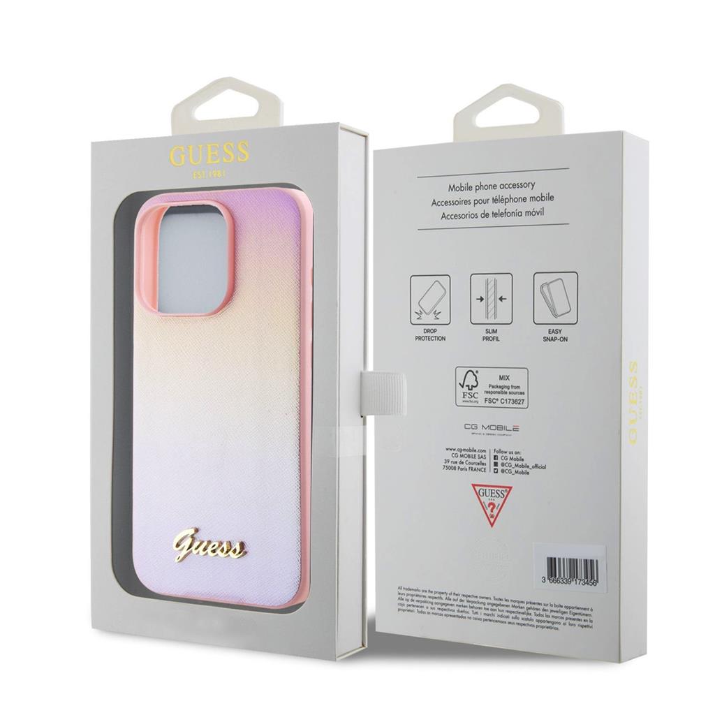 Apple iPhone 15 Pro Max Guess PU Leather Iridescent Metal Script tok (Rózsaszín) - GUHCP15XPSAIRSP