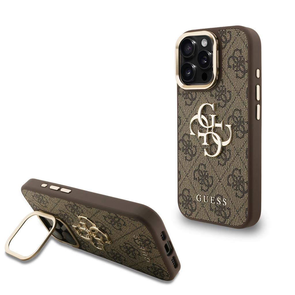 Apple iPhone 15 Pro Max Guess PU 4G Metal Logo Stand Camera Frame tok (Barna) - GUHCP15XPCS4GP4W