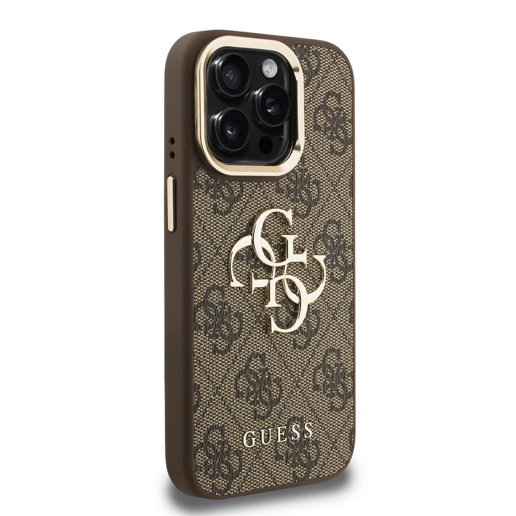 Apple iPhone 15 Pro Max Guess PU 4G Metal Logo Stand Camera Frame tok (Barna) - GUHCP15XPCS4GP4W