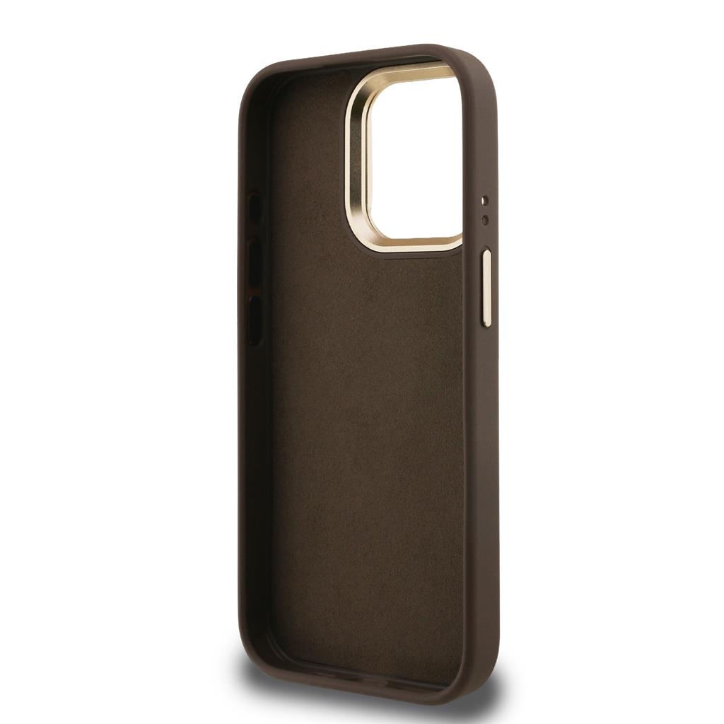 Apple iPhone 15 Pro Max Guess PU 4G Metal Logo Stand Camera Frame tok (Barna) - GUHCP15XPCS4GP4W