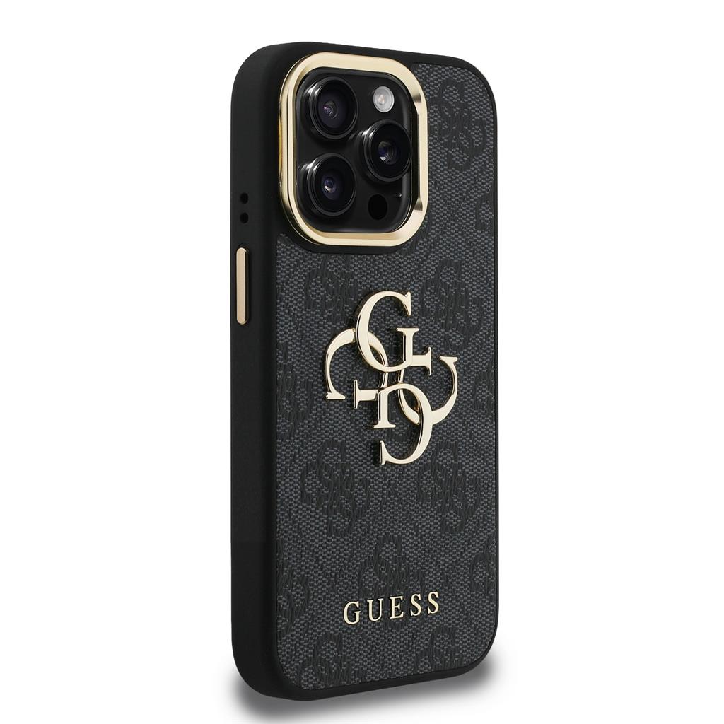 Apple iPhone 15 Pro Max Guess PU 4G Metal Logo Stand Camera Frame tok (Fekete) - GUHCP15XPCS4GP4K