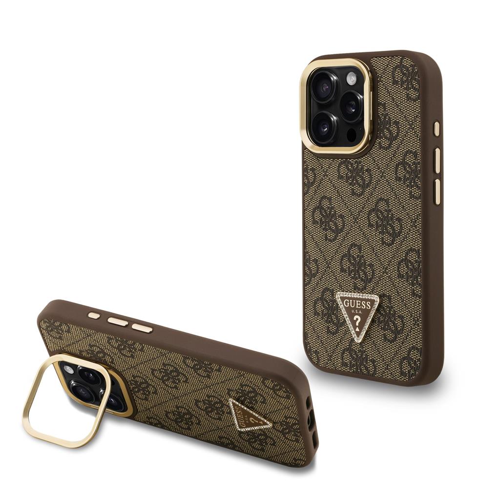 Apple iPhone 15 Pro Max Guess PU 4G Strass Triangle Logo Stand Camera Frame MagSafe tok (Barna) - GUHMP15XPCS4GPTW