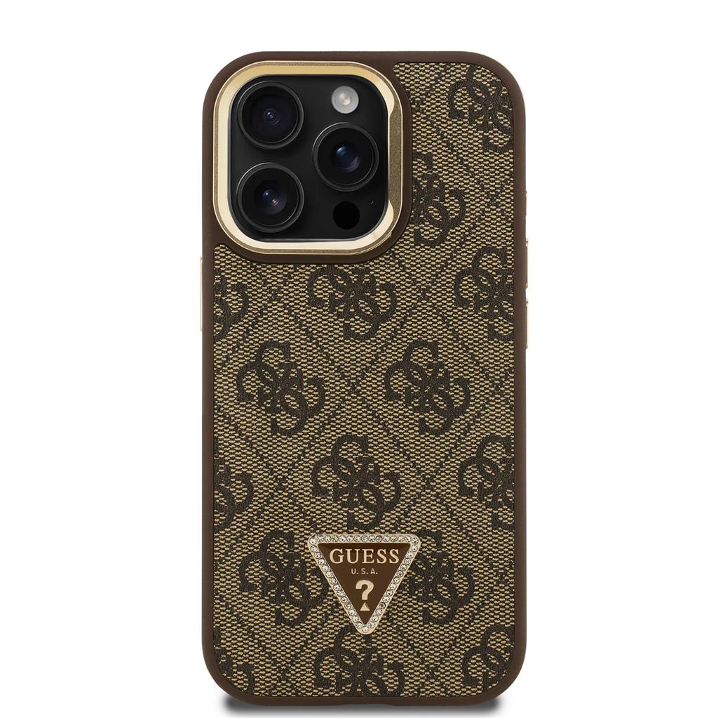 Apple iPhone 15 Pro Max Guess PU 4G Strass Triangle Logo Stand Camera Frame MagSafe tok (Barna) - GUHMP15XPCS4GPTW