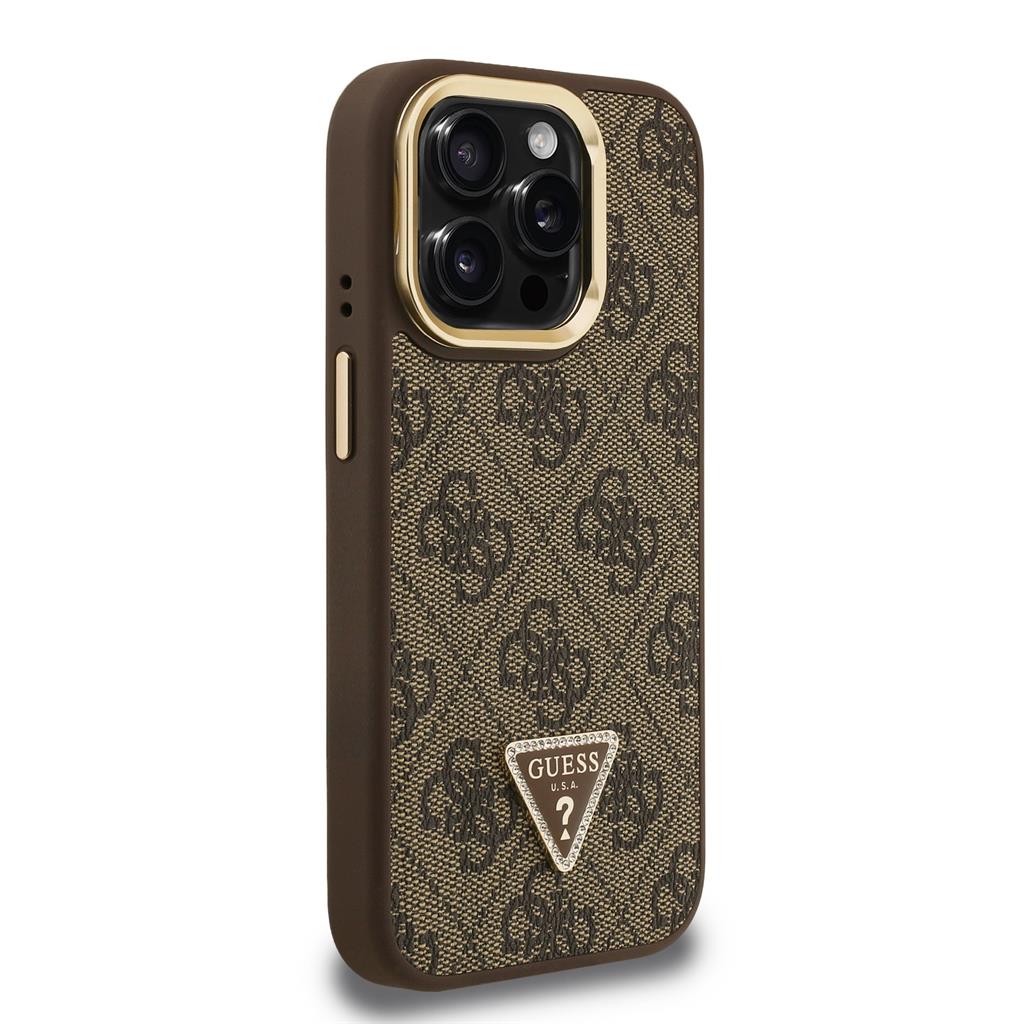Apple iPhone 15 Pro Max Guess PU 4G Strass Triangle Logo Stand Camera Frame MagSafe tok (Barna) - GUHMP15XPCS4GPTW