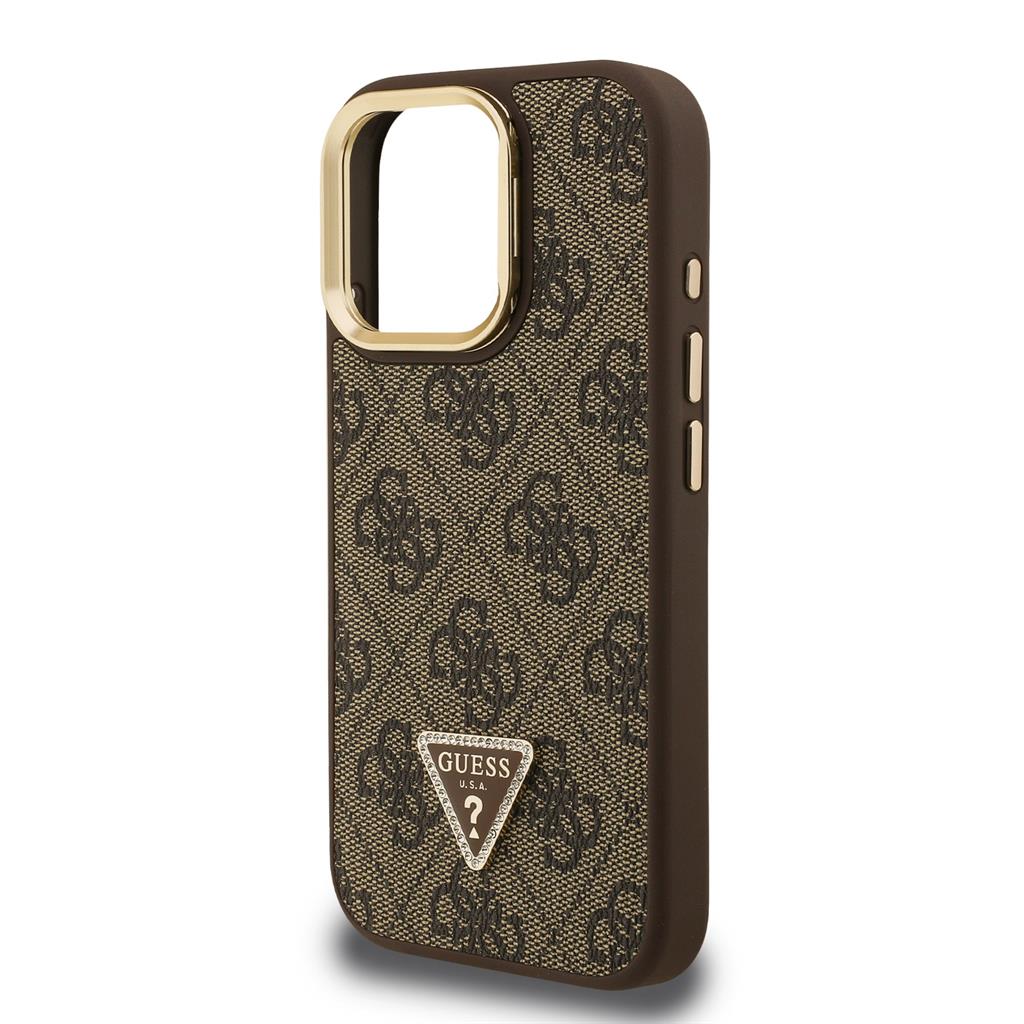 Apple iPhone 15 Pro Max Guess PU 4G Strass Triangle Logo Stand Camera Frame MagSafe tok (Barna) - GUHMP15XPCS4GPTW