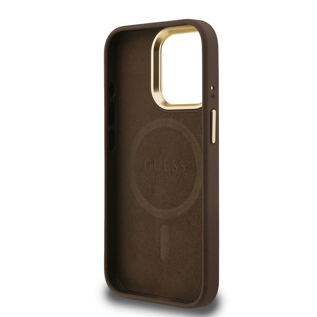 Apple iPhone 15 Pro Max Guess PU 4G Strass Triangle Logo Stand Camera Frame MagSafe tok (Barna) - GUHMP15XPCS4GPTW