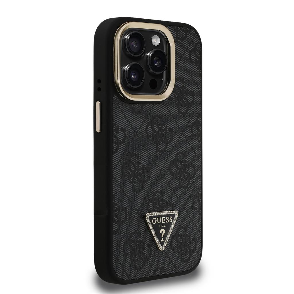 Apple iPhone 15 Pro Max Guess PU 4G Strass Triangle Logo Stand Camera Frame MagSafe tok (Fekete) - GUHMP15XPCS4GPTK
