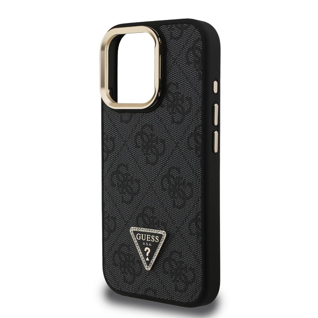 Apple iPhone 15 Pro Max Guess PU 4G Strass Triangle Logo Stand Camera Frame MagSafe tok (Fekete) - GUHMP15XPCS4GPTK