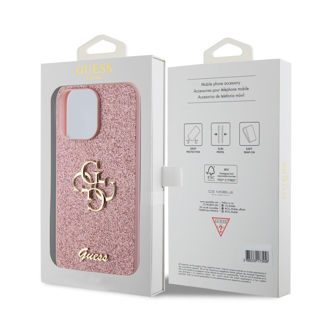Apple iPhone 15 Pro Max Guess PU Fixed Glitter 4G Metal Logo tok (Rózsaszín) - GUHCP15XHG4SGP