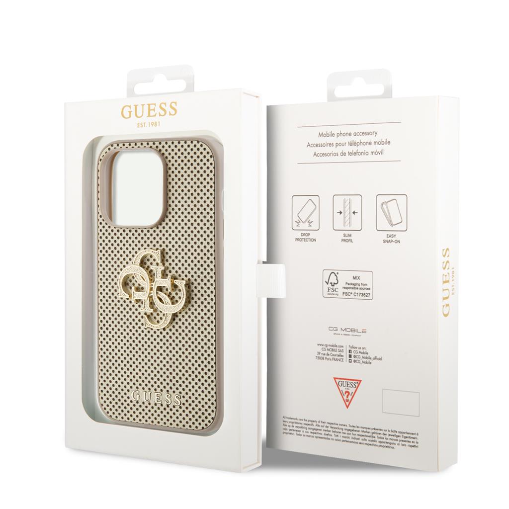 Apple iPhone 15 Pro Max Guess PU Perforált 4G Glitter Metal Logo tok (Arany) - GUHCP15XPSP4LGD