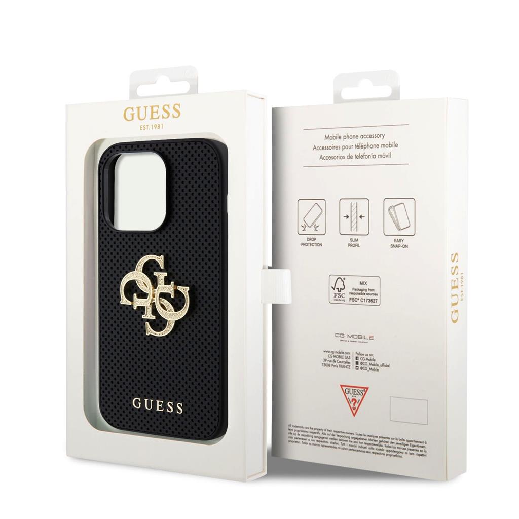 Apple iPhone 15 Pro Max Guess PU Perforált 4G Glitter Metal Logo tok (Fekete) - GUHCP15XPSP4LGK