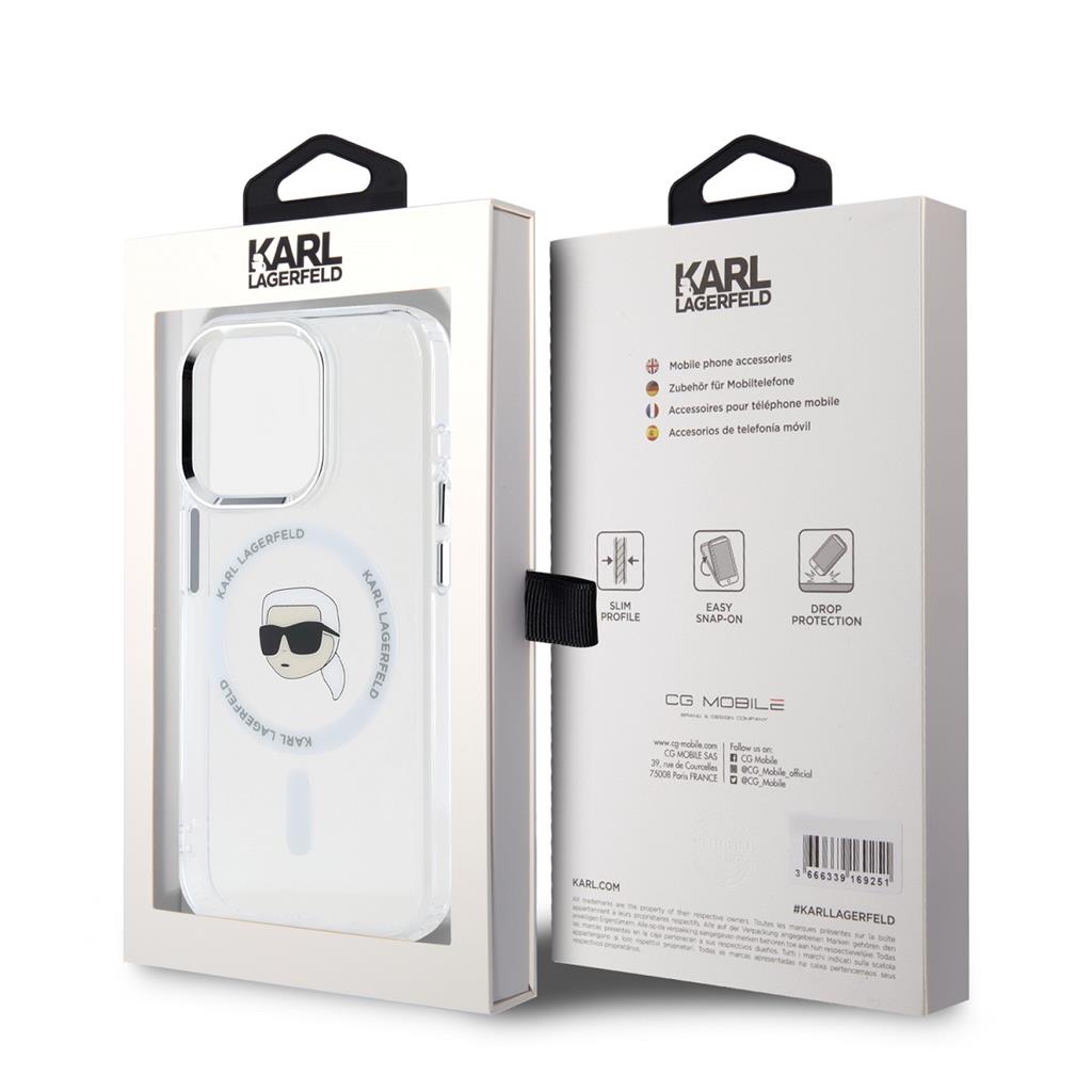 Apple iPhone 15 Pro Max Karl Lagerfeld IML Karl Head Metal Frame MagSafe tok (Átlátszó) – KLHMP15XHLSKIH