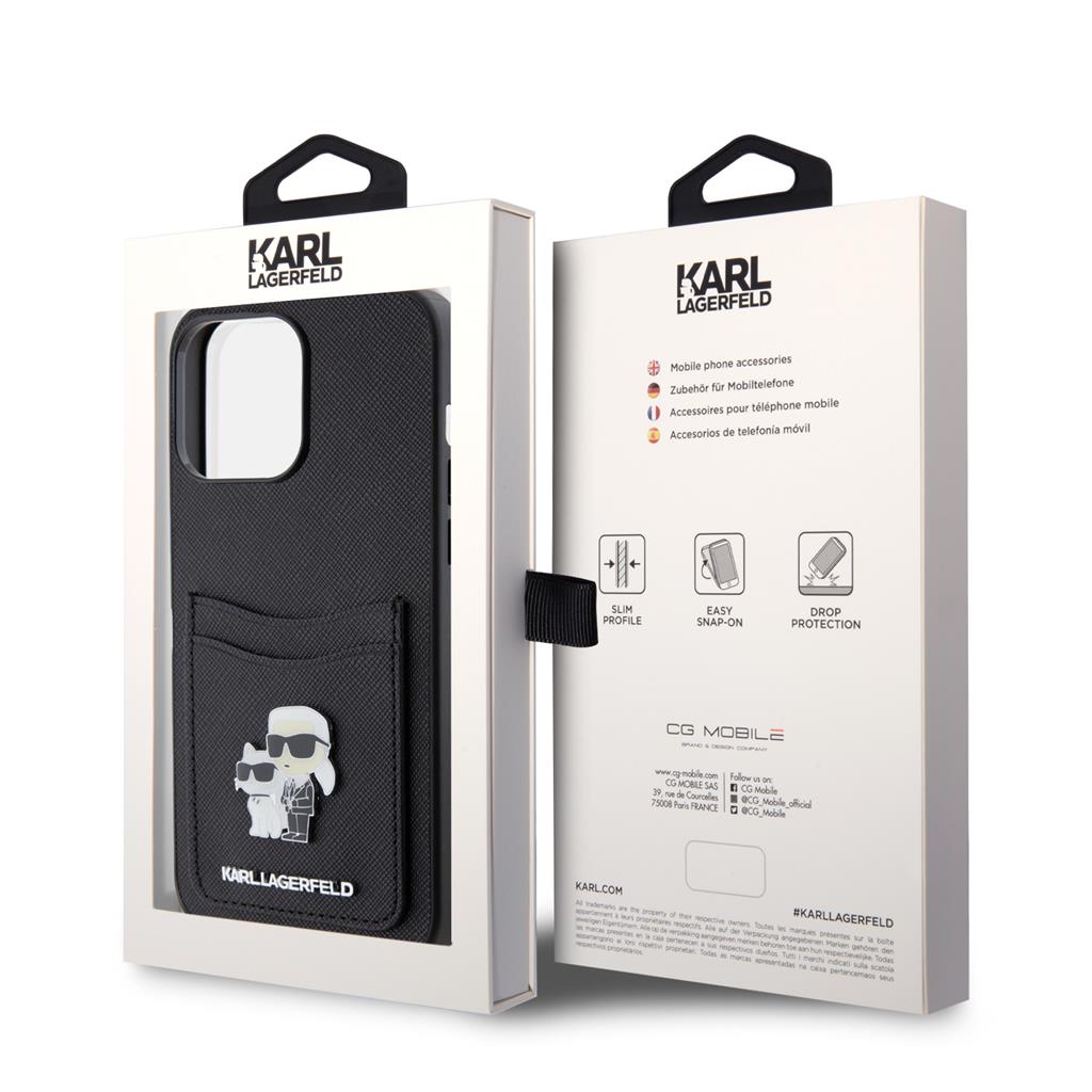Apple iPhone 15 Pro Max Karl Lagerfeld PU Saffiano Card Slot Metal Karl and Choupette tok (Fekete) – KLHCP15XSAPKCNPK