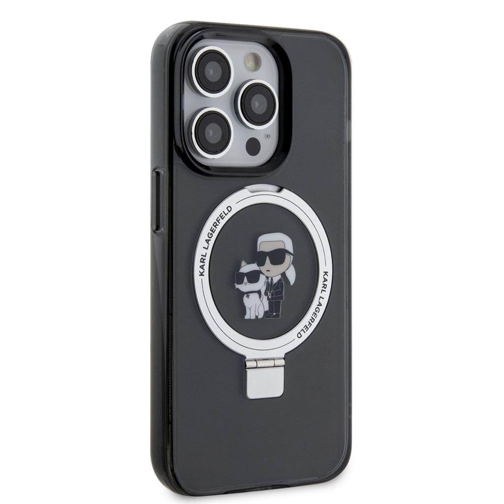 Apple iPhone 15 Pro Max Karl Lagerfeld Ringstand Karl and Choupette MagSafe tok (Fekete) – KLHMP15XHMRSKCK
