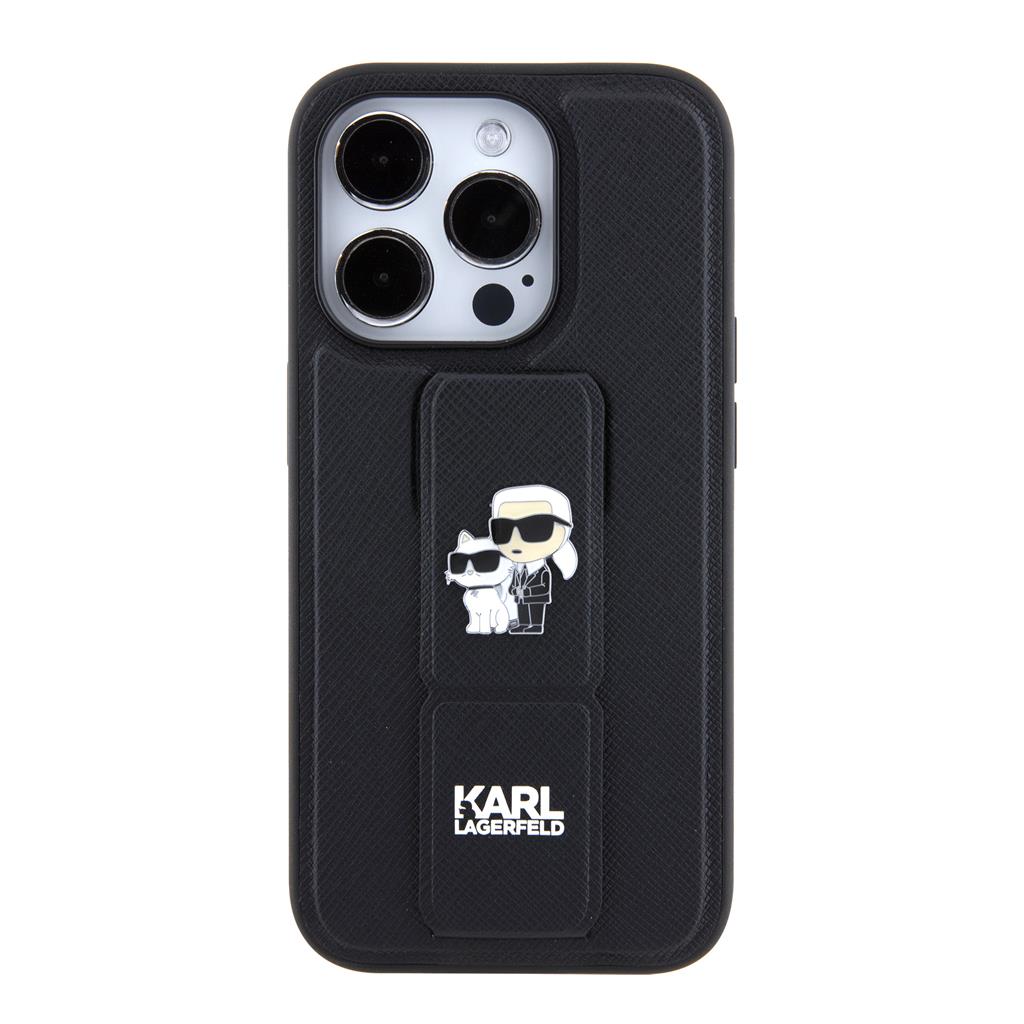 Apple iPhone 15 Pro Max Karl Lagerfeld Saffiano Grip Stand Metal Logo tok (Fekete) – KLHCP15XGSAKCPK