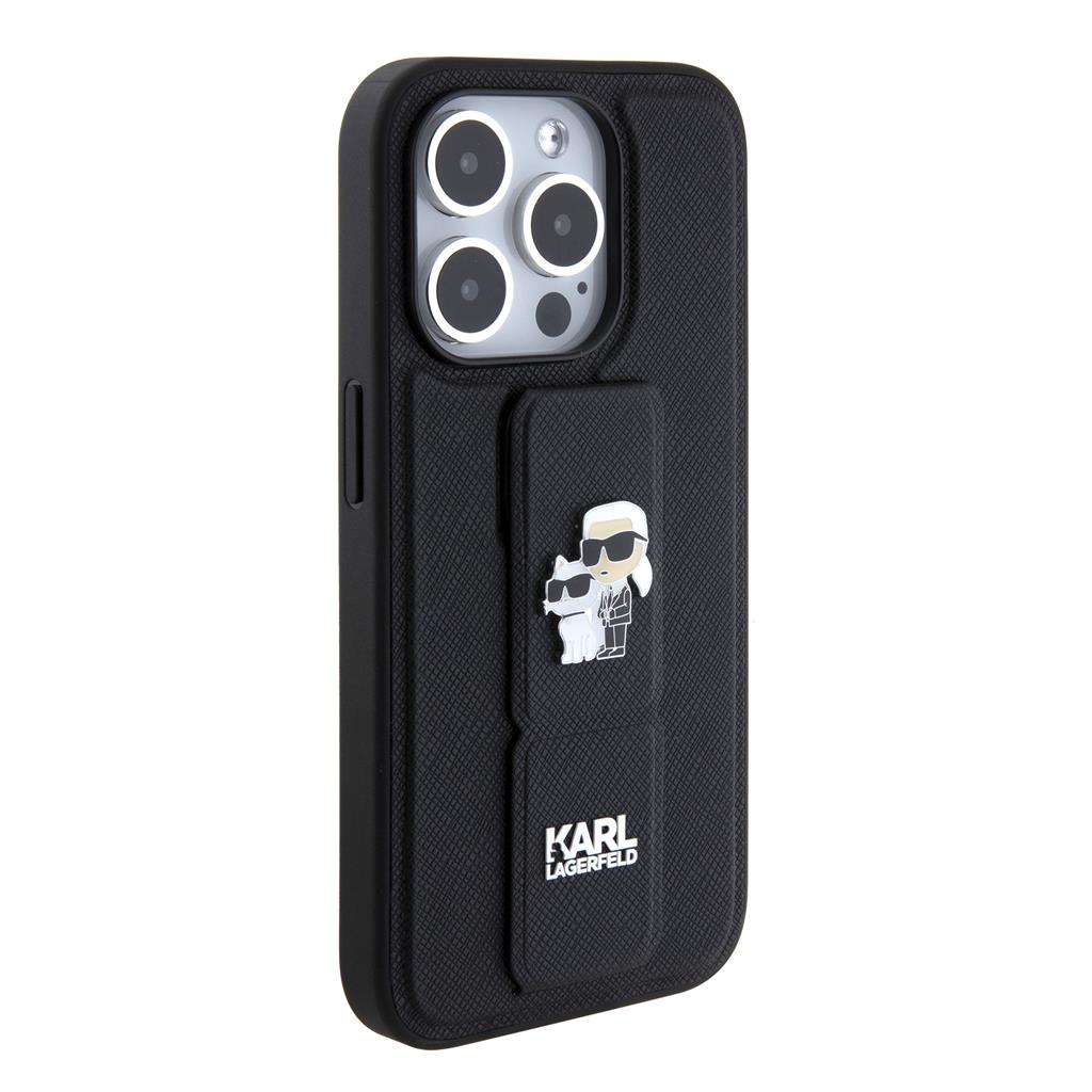 Apple iPhone 15 Pro Max Karl Lagerfeld Saffiano Grip Stand Metal Logo tok (Fekete) – KLHCP15XGSAKCPK