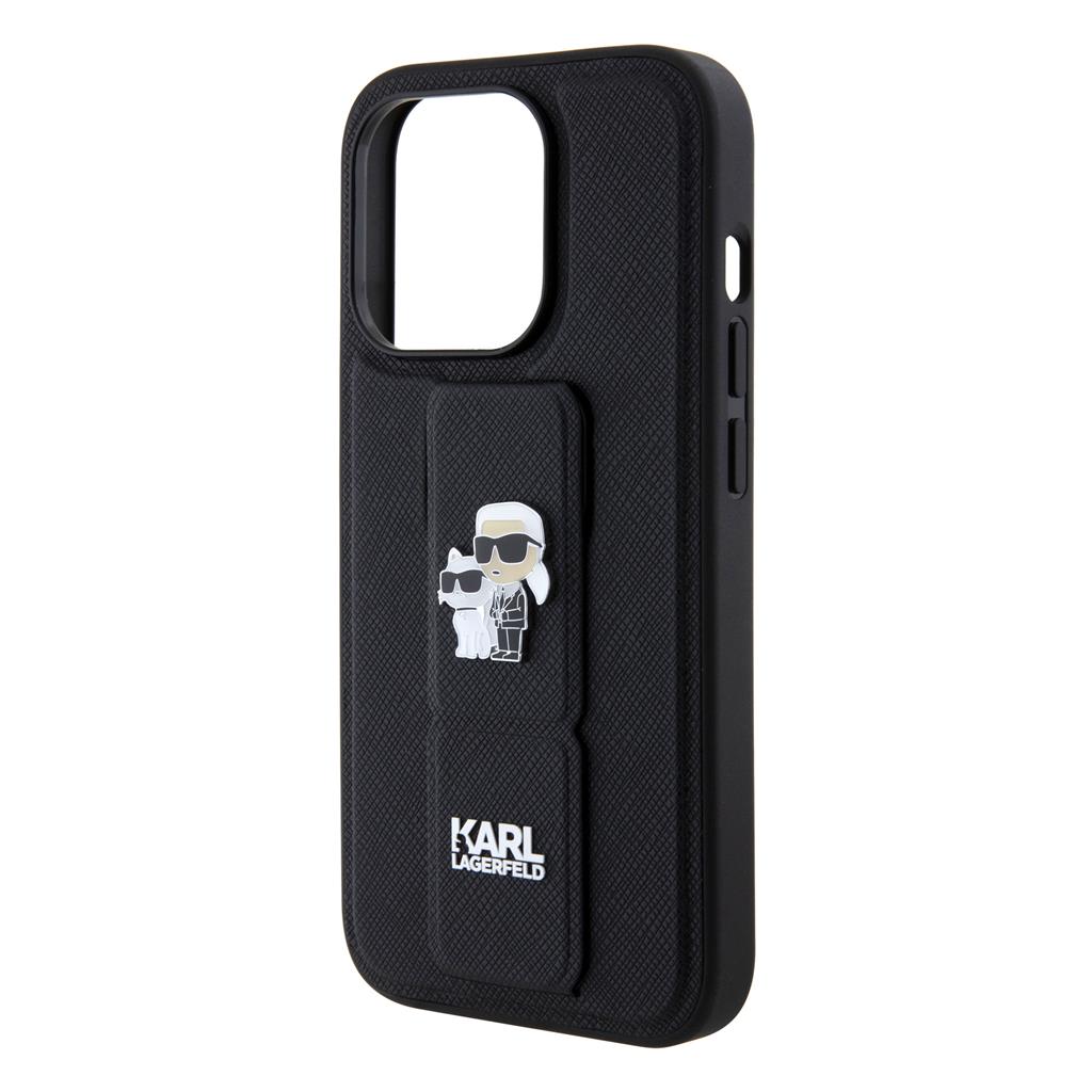 Apple iPhone 15 Pro Max Karl Lagerfeld Saffiano Grip Stand Metal Logo tok (Fekete) – KLHCP15XGSAKCPK
