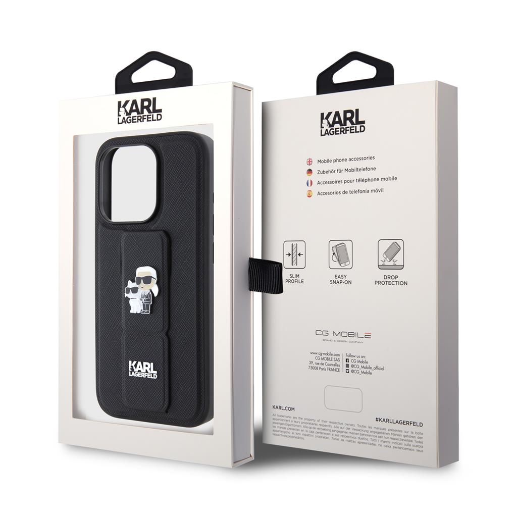 Apple iPhone 15 Pro Max Karl Lagerfeld Saffiano Grip Stand Metal Logo tok (Fekete) – KLHCP15XGSAKCPK
