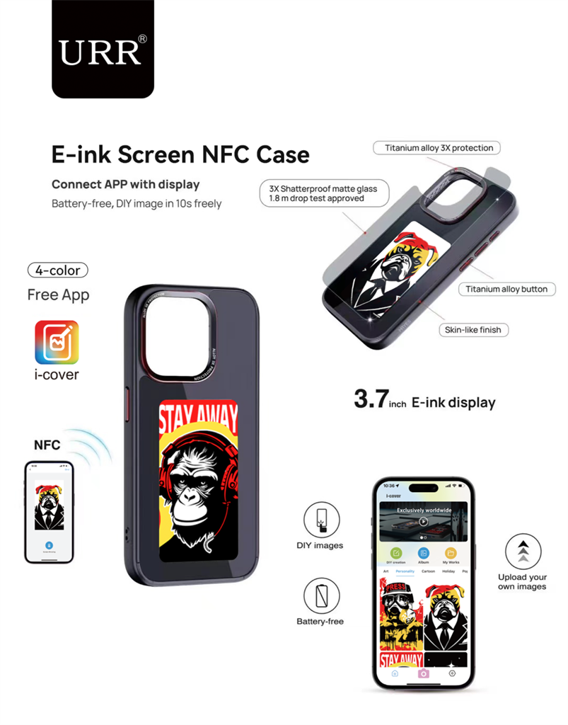Apple iPhone 15 Pro Max NFC E-ink színes DIY képernyőtok 4-színű Fekete 18