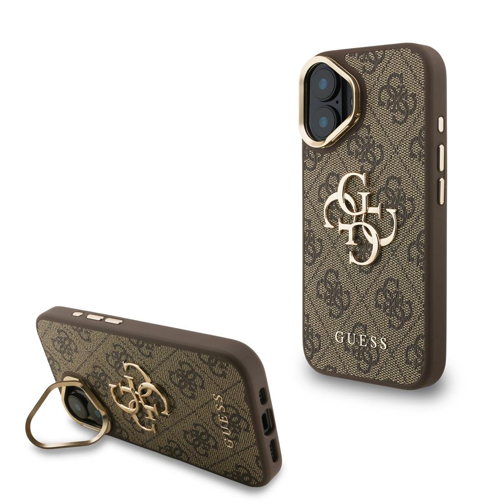 Apple iPhone 16 Guess PU 4G Metal Logo Stand Camera Frame tok (Barna) - GUHCP16SPCS4GP4W