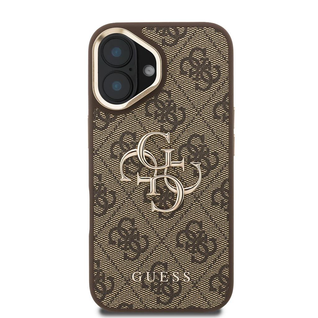 Apple iPhone 16 Guess PU 4G Metal Logo Stand Camera Frame tok (Barna) - GUHCP16SPCS4GP4W