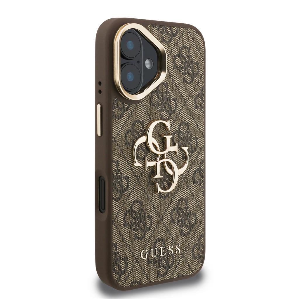 Apple iPhone 16 Guess PU 4G Metal Logo Stand Camera Frame tok (Barna) - GUHCP16SPCS4GP4W
