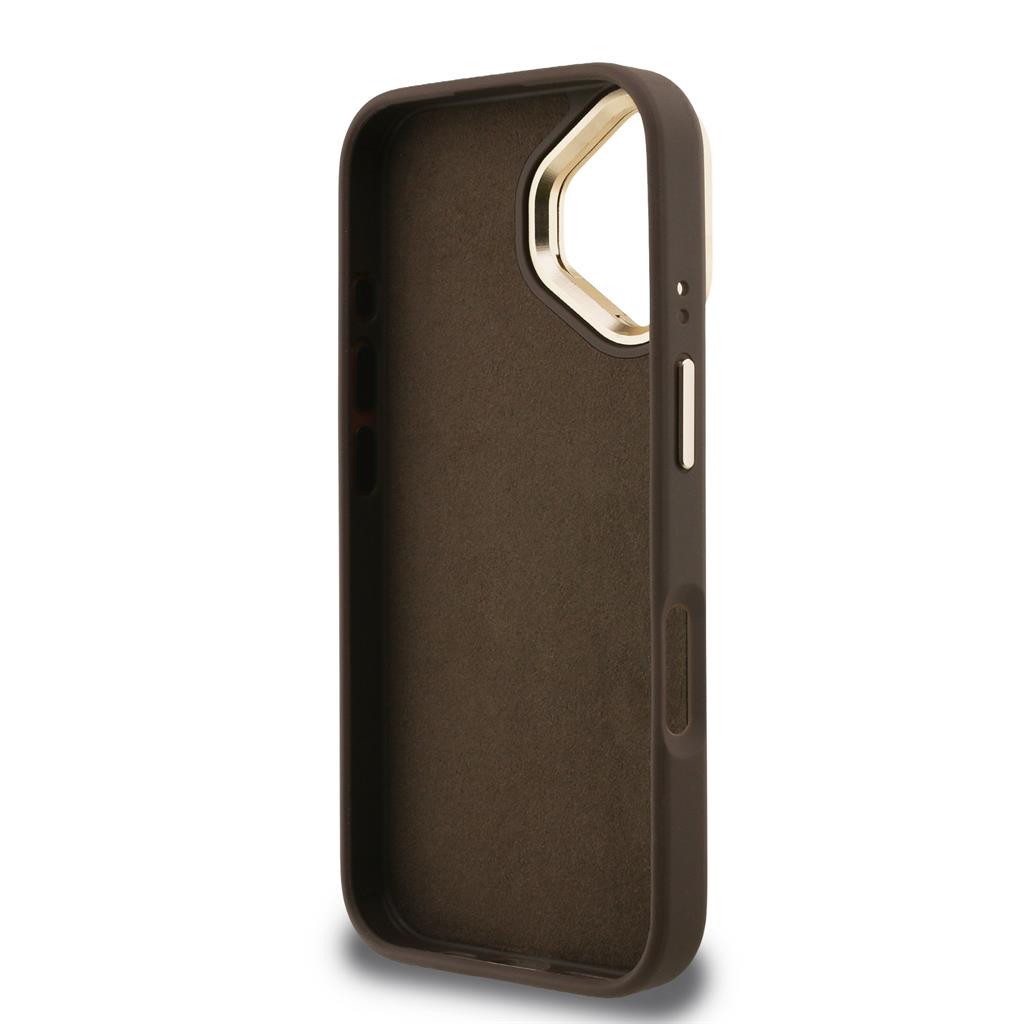 Apple iPhone 16 Guess PU 4G Metal Logo Stand Camera Frame tok (Barna) - GUHCP16SPCS4GP4W