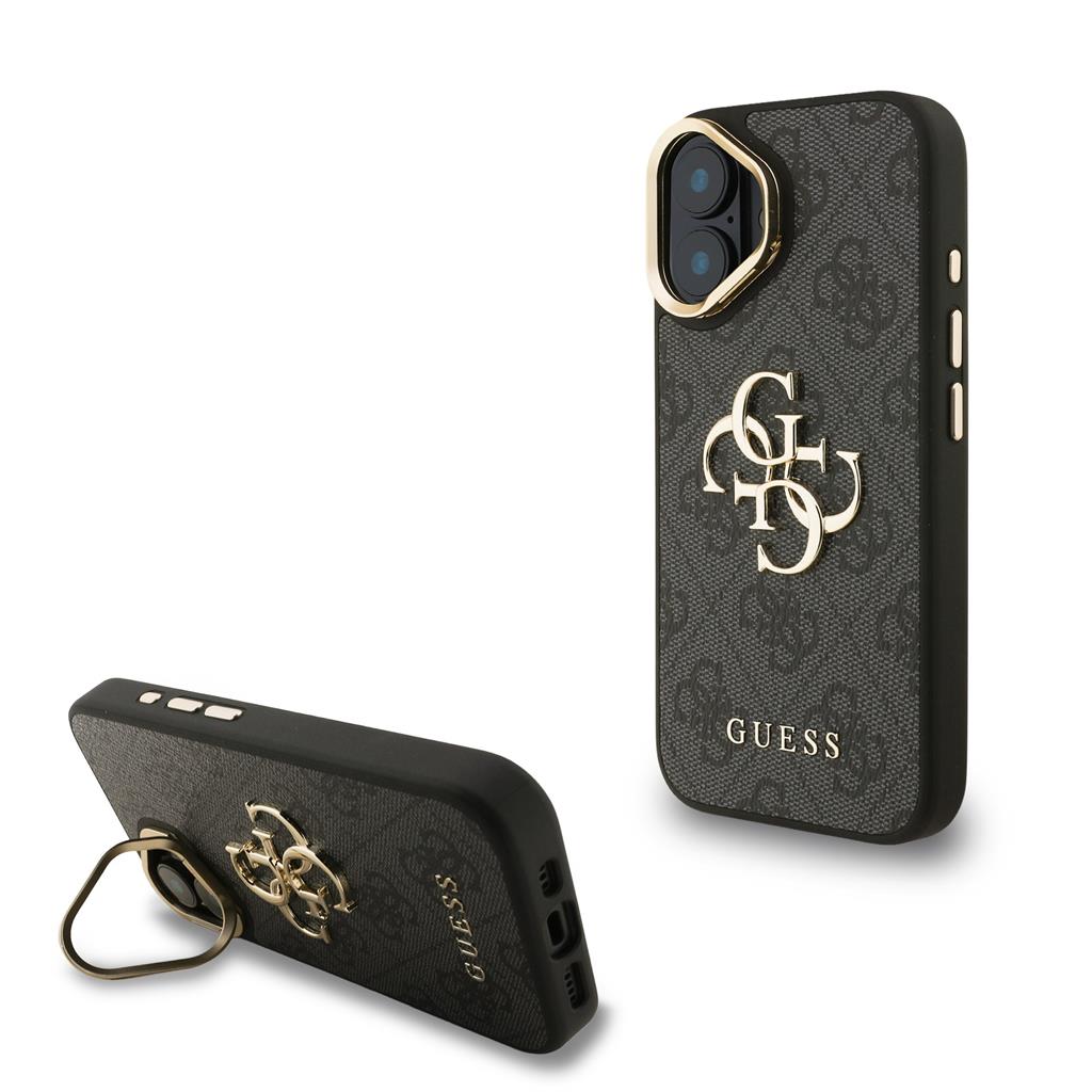 Apple iPhone 16 Guess PU 4G Metal Logo Stand Camera Frame tok (Fekete) - GUHCP16SPCS4GP4K