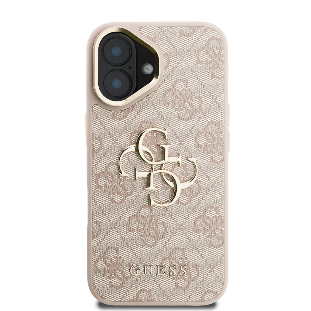 Apple iPhone 16 Guess PU 4G Metal Logo Stand Camera Frame tok (Rózsaszín) - GUHCP16SPCS4GP4P