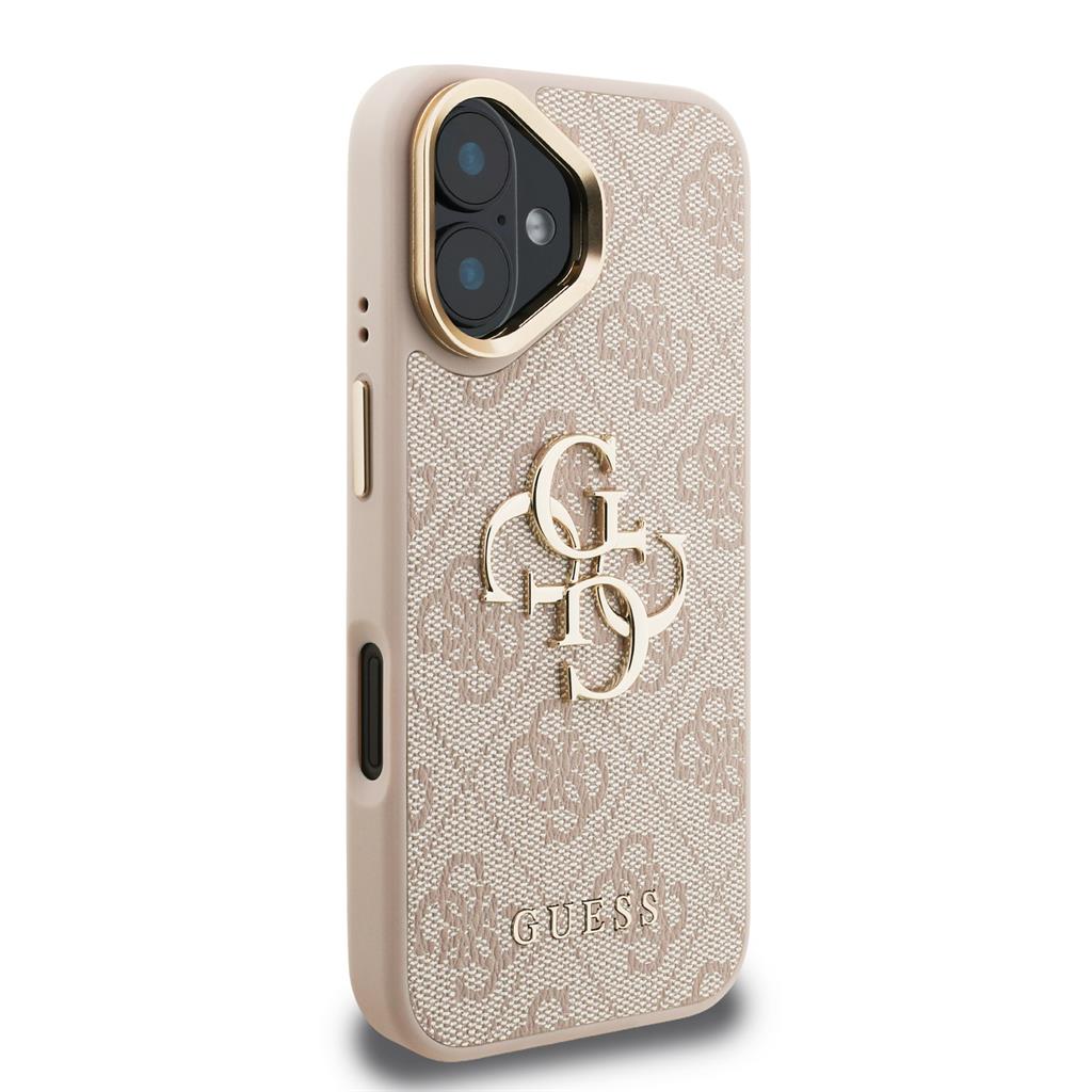 Apple iPhone 16 Guess PU 4G Metal Logo Stand Camera Frame tok (Rózsaszín) - GUHCP16SPCS4GP4P
