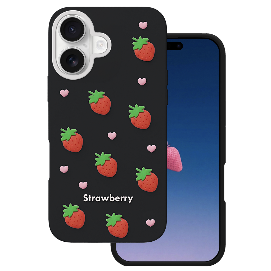 Apple iPhone 16 / iPhone 17 Strawberry hátlap tok (Fekete)