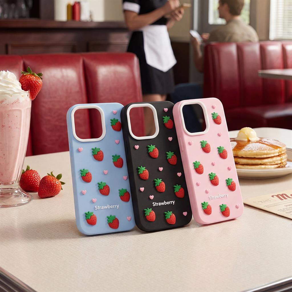 Apple iPhone 16 / iPhone 17 Strawberry hátlap tok (Fekete)