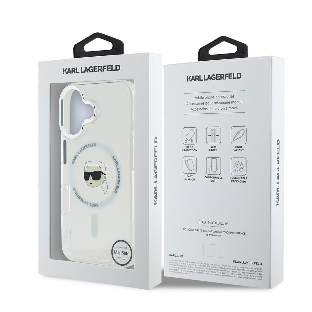 Apple iPhone 16 Karl Lagerfeld IML Karl Head Metal Frame MagSafe tok (Átlátszó) - KLHMP16SHLSKIH