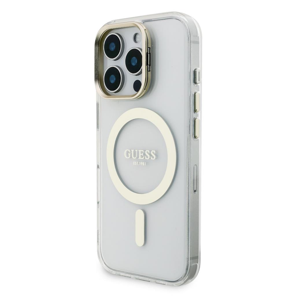 Apple iPhone 16 Pro Guess PC/TPU Electroplated Stand Camera Frame MagSafe tok cserélhető hátlappal (Átlátszó) - GUBPSBHMP16LF4P0