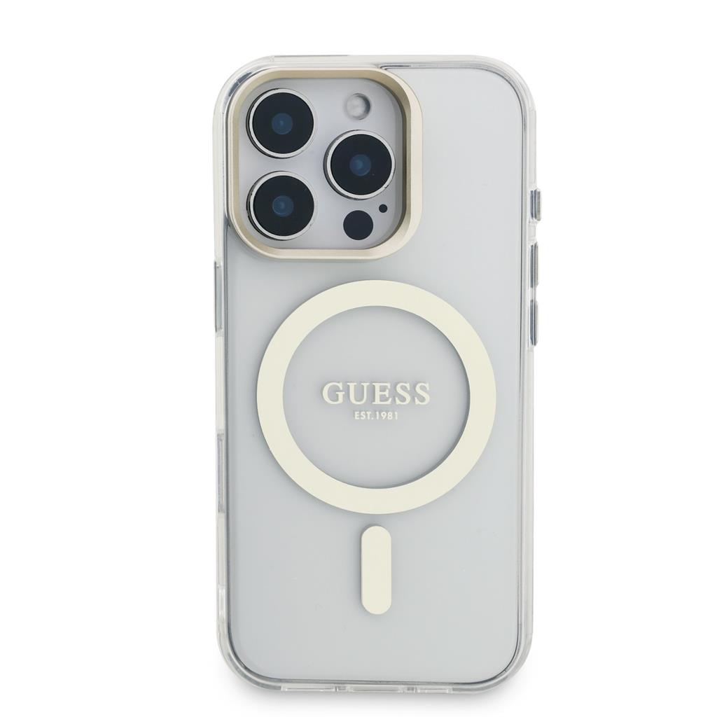Apple iPhone 16 Pro Guess PC/TPU Electroplated Stand Camera Frame MagSafe tok cserélhető hátlappal (Átlátszó) - GUBPSBHMP16LF4P0