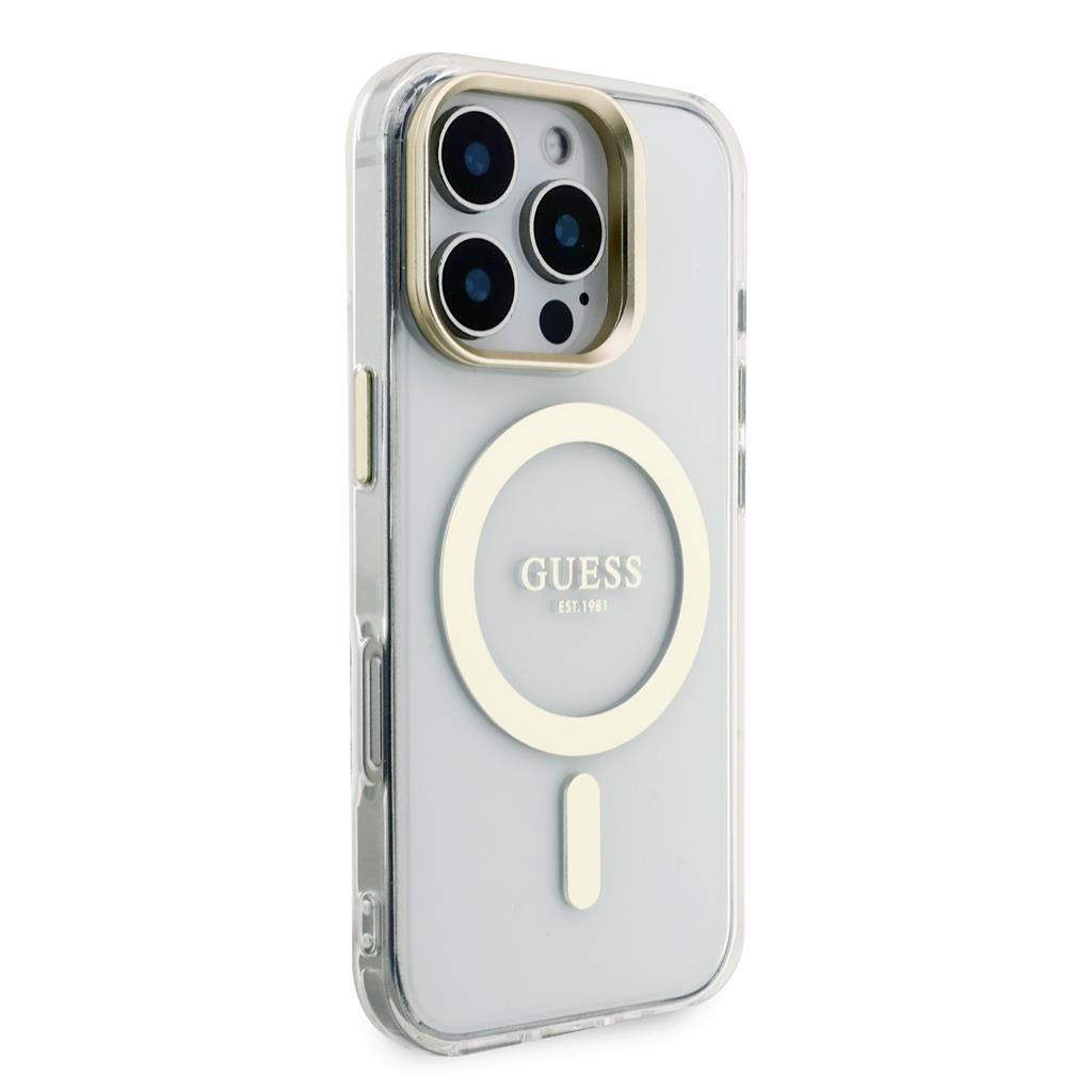 Apple iPhone 16 Pro Guess PC/TPU Electroplated Stand Camera Frame MagSafe tok cserélhető hátlappal (Átlátszó) - GUBPSBHMP16LF4P0