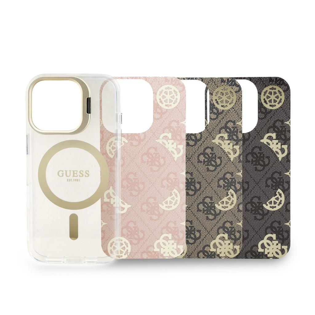 Apple iPhone 16 Pro Guess PC/TPU Electroplated Stand Camera Frame MagSafe tok cserélhető hátlappal (Átlátszó) - GUBPSBHMP16LF4P0