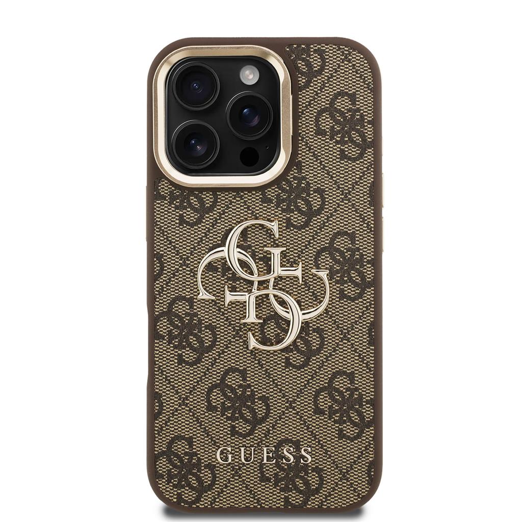 Apple iPhone 16 Pro Guess PU 4G Metal Logo Stand Camera Frame tok (Barna) - GUHCP16LPCS4GP4W