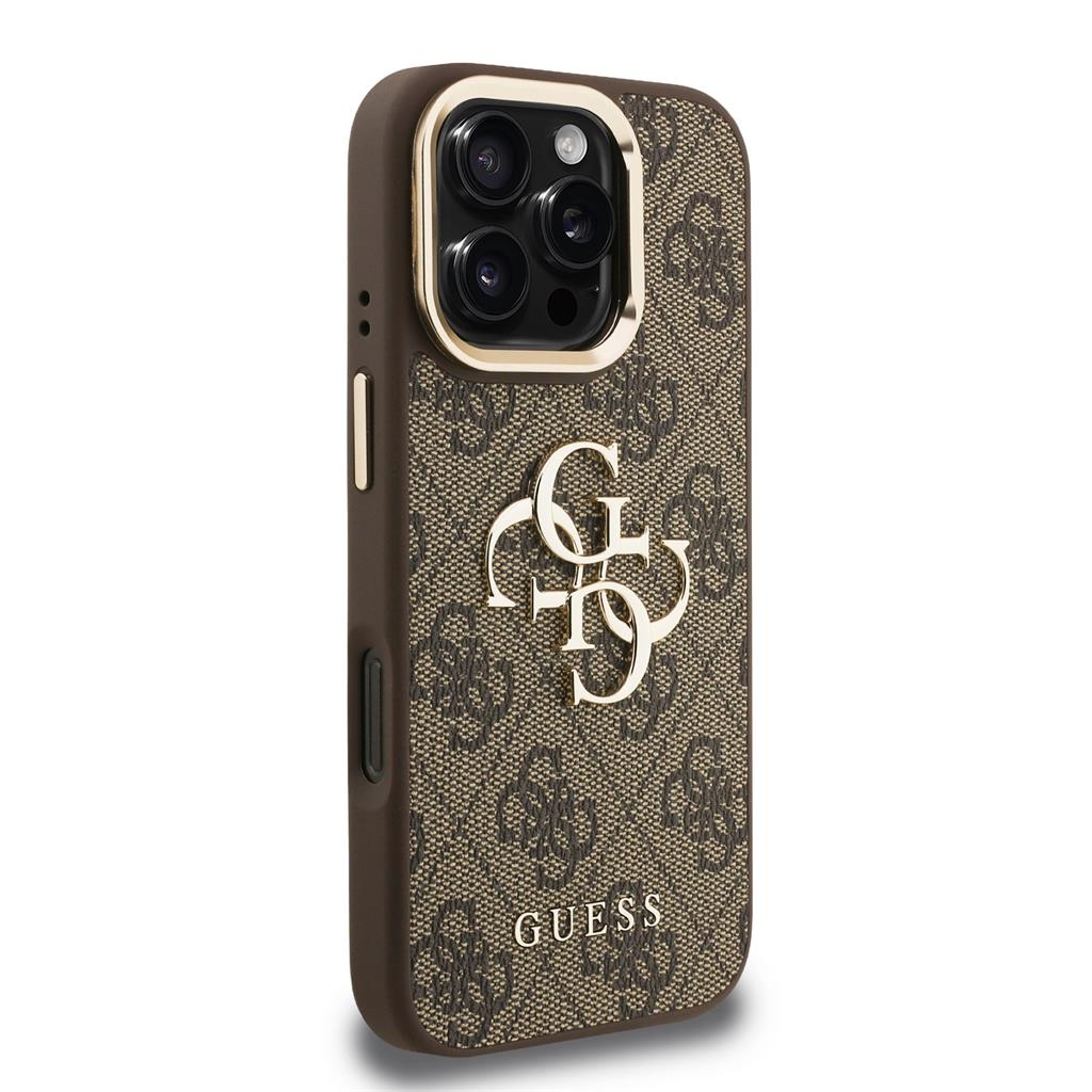 Apple iPhone 16 Pro Guess PU 4G Metal Logo Stand Camera Frame tok (Barna) - GUHCP16LPCS4GP4W