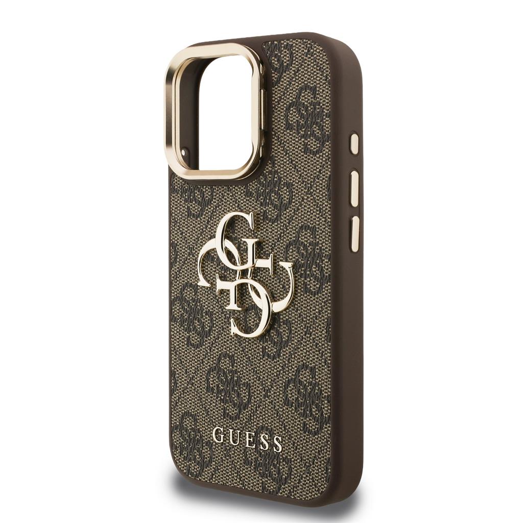 Apple iPhone 16 Pro Guess PU 4G Metal Logo Stand Camera Frame tok (Barna) - GUHCP16LPCS4GP4W