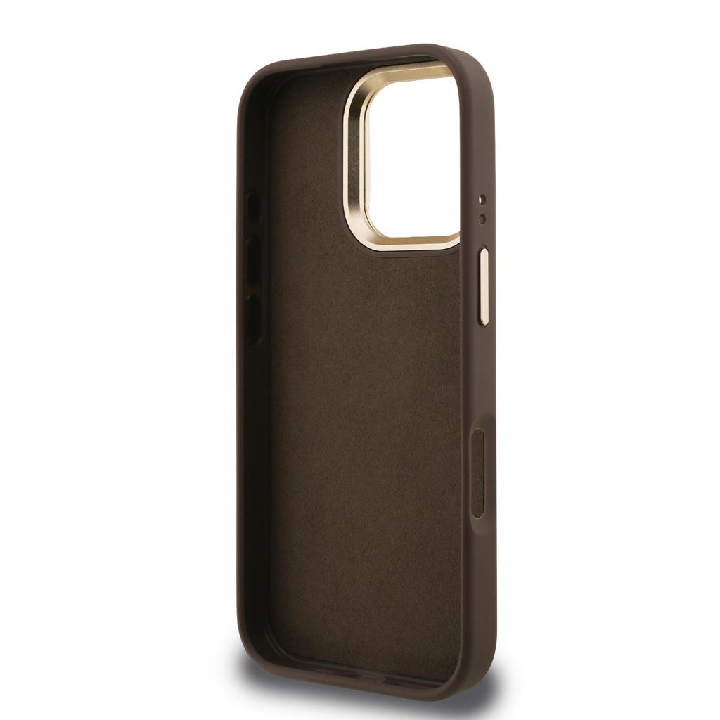 Apple iPhone 16 Pro Guess PU 4G Metal Logo Stand Camera Frame tok (Barna) - GUHCP16LPCS4GP4W