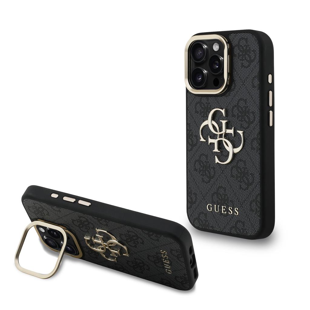 Apple iPhone 16 Pro Guess PU 4G Metal Logo Stand Camera Frame tok (Fekete) - GUHCP16LPCS4GP4K