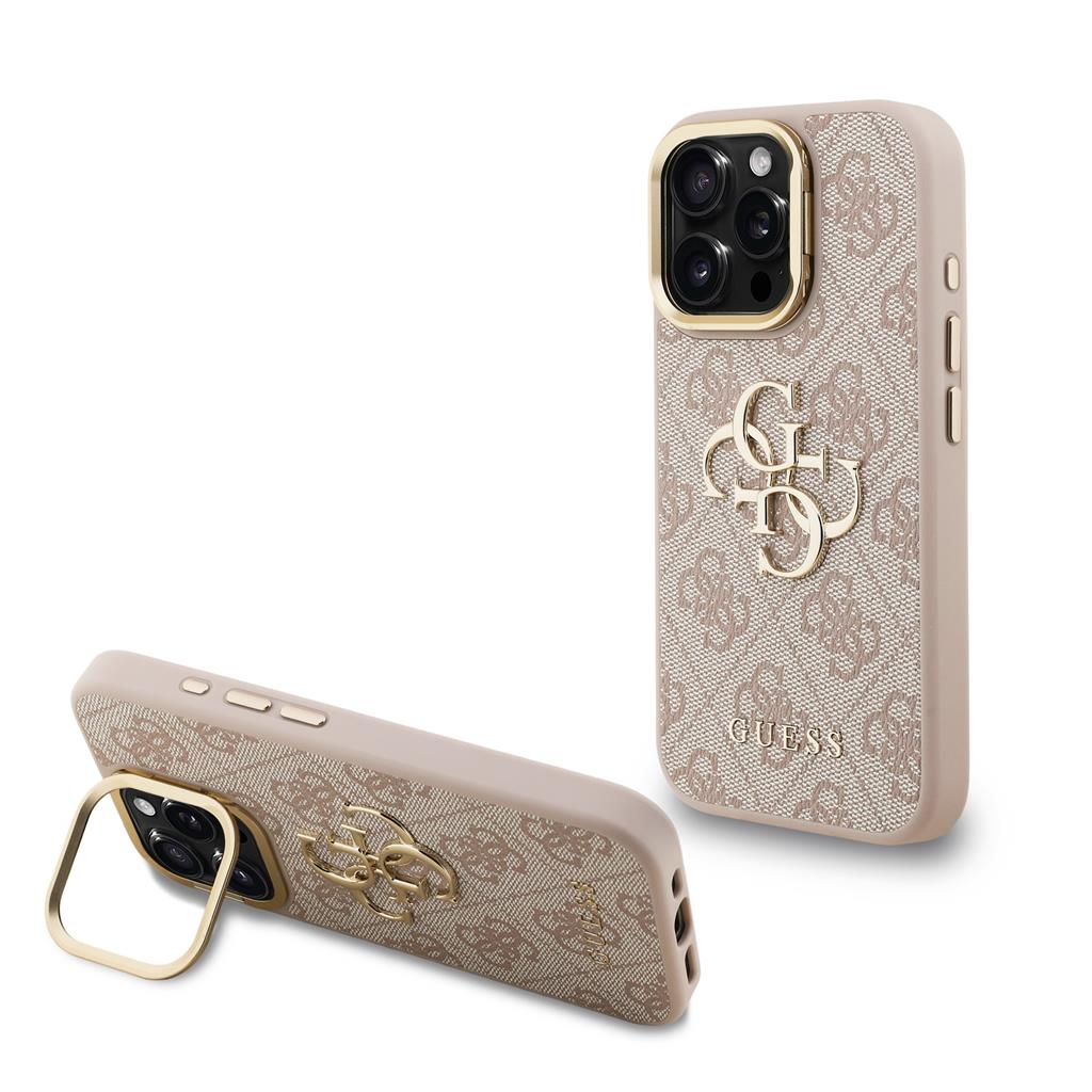 Apple iPhone 16 Pro Guess PU 4G Metal Logo Stand Camera Frame tok (Rózsaszín) - GUHCP16LPCS4GP4P