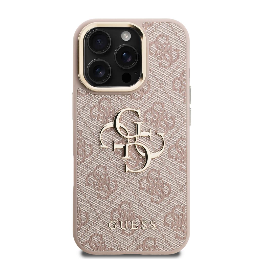 Apple iPhone 16 Pro Guess PU 4G Metal Logo Stand Camera Frame tok (Rózsaszín) - GUHCP16LPCS4GP4P