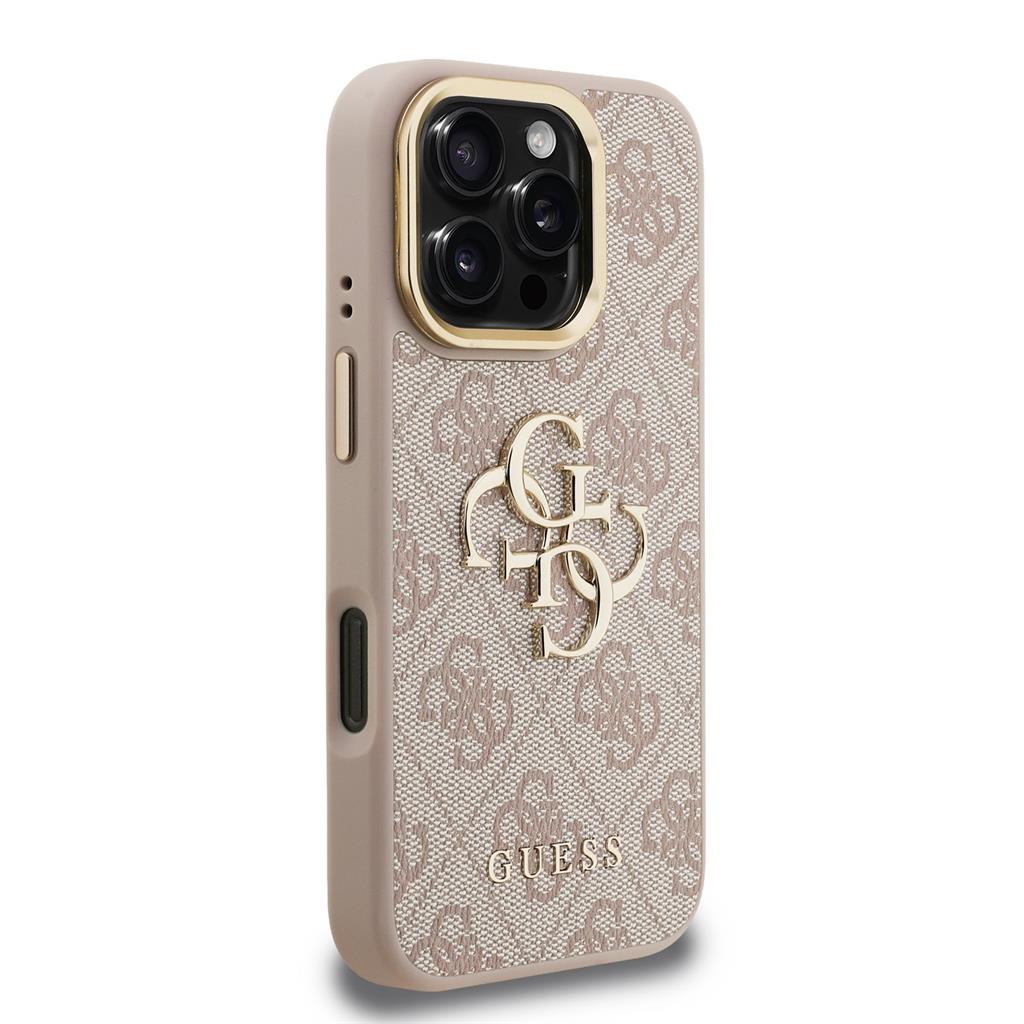 Apple iPhone 16 Pro Guess PU 4G Metal Logo Stand Camera Frame tok (Rózsaszín) - GUHCP16LPCS4GP4P
