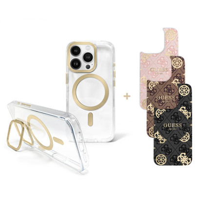 Apple iPhone 16 Pro Max Guess PC/TPU Electroplated Stand Camera Frame MagSafe tok cserélhető hátlappal (Átlátszó) - GUBPSBHMP16X
