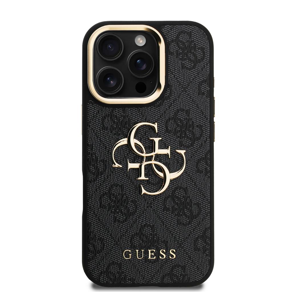 Apple iPhone 16 Pro Max Guess PU 4G Metal Logo Stand Camera Frame tok (Fekete) - GUHCP16XPCS4GP4K