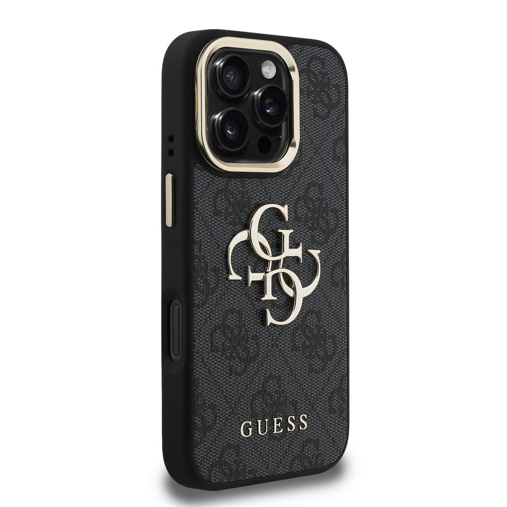 Apple iPhone 16 Pro Max Guess PU 4G Metal Logo Stand Camera Frame tok (Fekete) - GUHCP16XPCS4GP4K