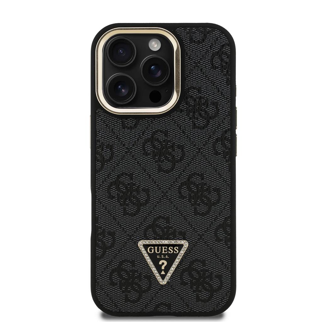 Apple iPhone 16 Pro Max Guess PU 4G Strass Triangle Logo Stand Camera Frame MagSafe tok (Fekete) - GUHMP16XPCS4GPTK